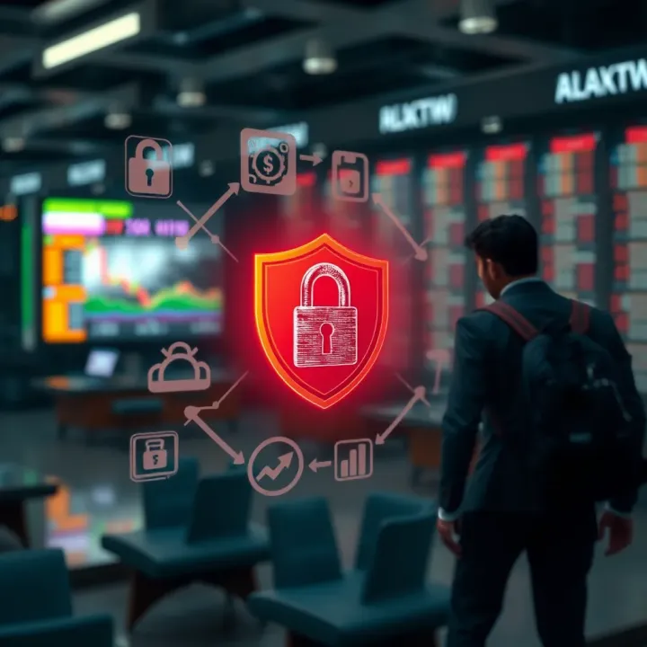Illustration of security features including encryption and authentication icons protecting financial transactions