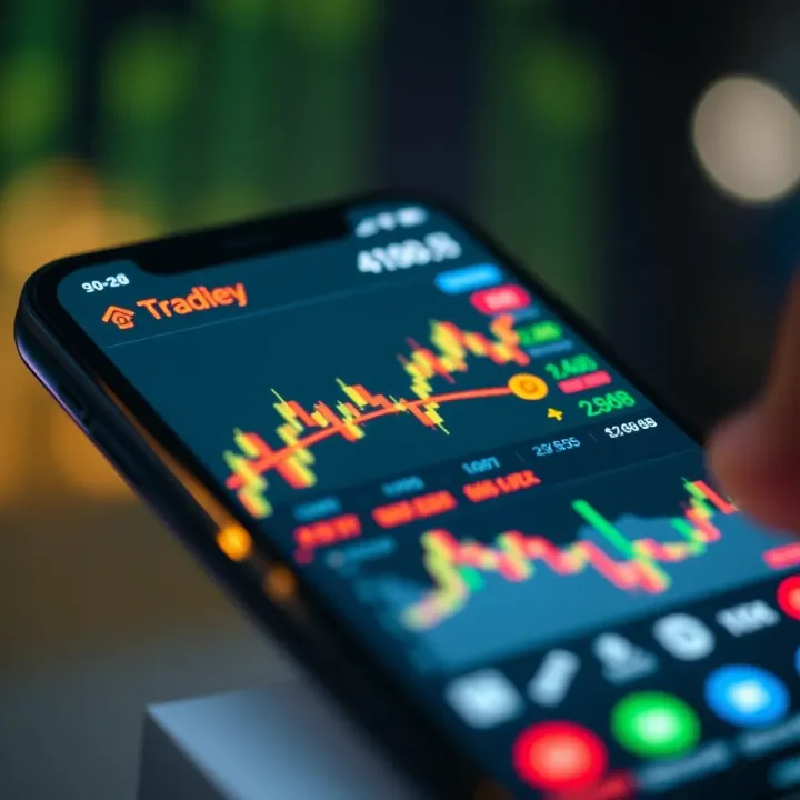 Stock Trading Interface in a Mobile Application User interface showing stock trading charts and market indicators on a smartphone app