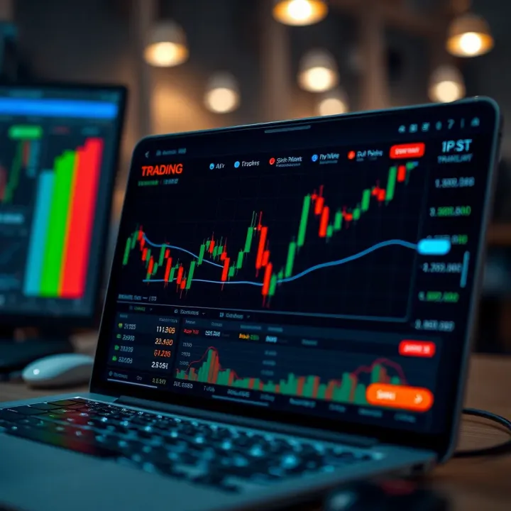 Trading App Interface Featuring Market Analysis and Trading Tools User interface of a trading application showing market charts and trading options