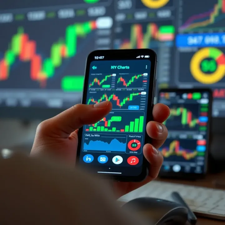 Analyzing Financial Charts on Trading Apps for Investors in Pakistan Smartphone displaying various financial charts and stock market data with trading icons around it