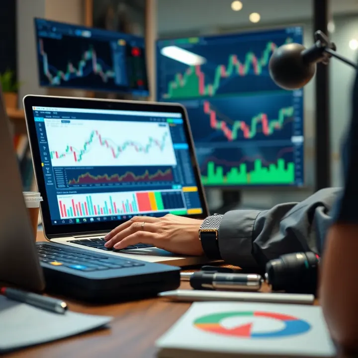 Beginner Trader Analyzing Financial Charts and Tools Illustration showing a beginner trader analyzing financial charts on a laptop with trading tools around