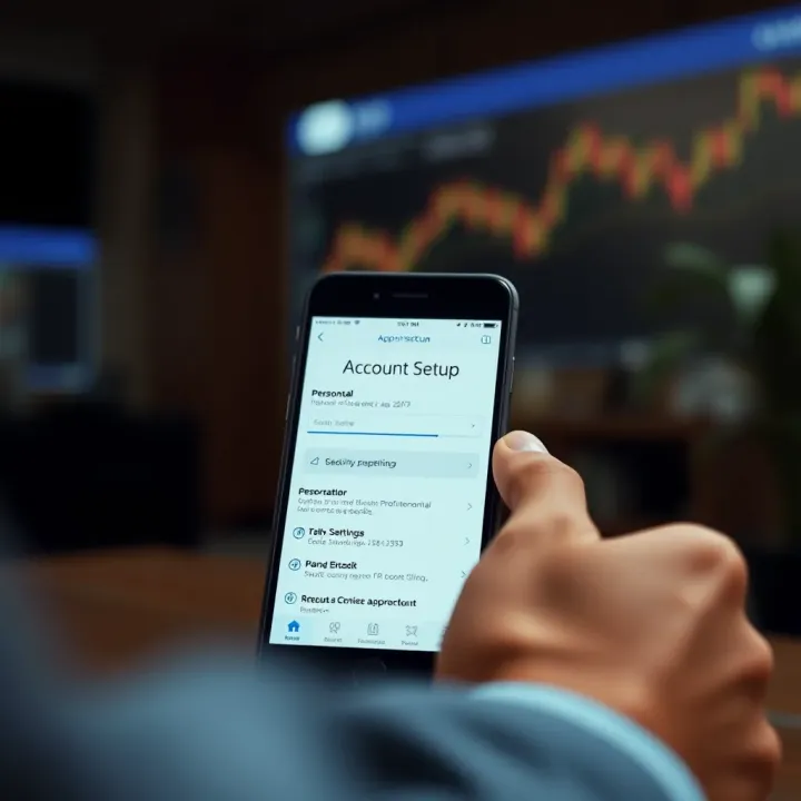 Mobile device showing account setup screen with personal information and security settings on app.deriv