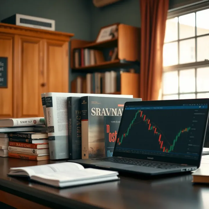 Overview of Essential Trading Books for Skill Development Collection of popular trading books displayed on a desk with a laptop and notes
