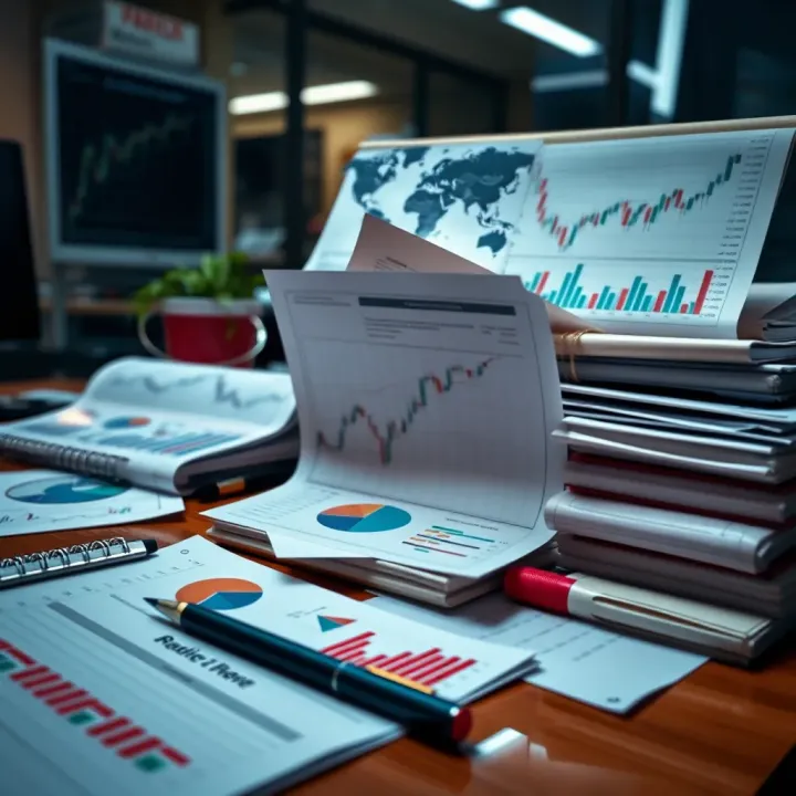 Collection of diverse trading documents and charts arranged on a desk