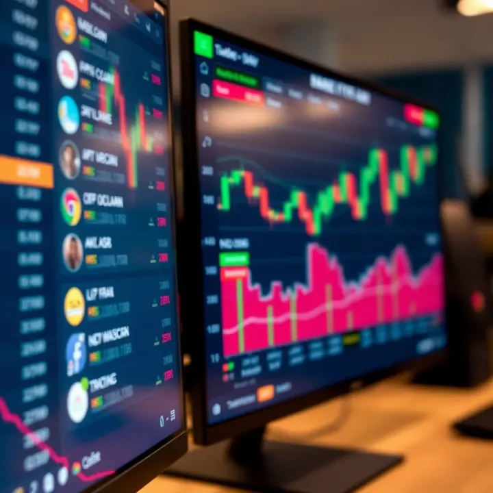 Trading Platform Interface with Asset Options and Market Charts Interface of a modern trading platform showing various asset options and market charts