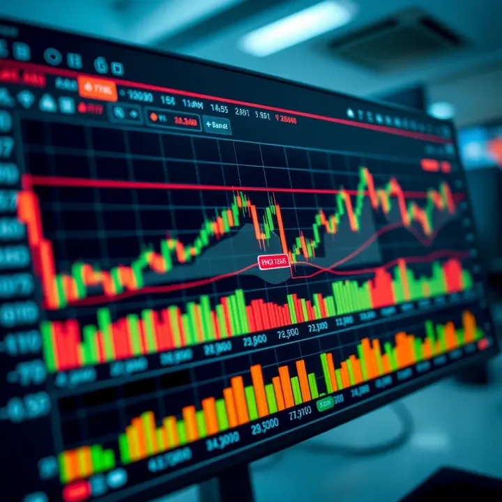 Technical Charting Interface with Multiple Indicators Financial chart displaying various technical indicators and candlestick patterns on a digital interface