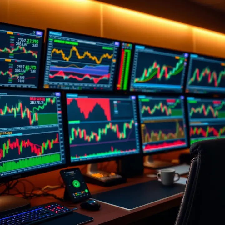Trading desk with multiple screens displaying currency charts and analysis tailored for Pakistani market