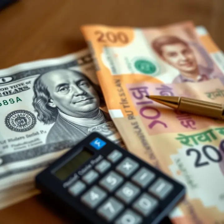 Close-up of US dollar banknotes and Pakistani rupee notes side by side with calculator