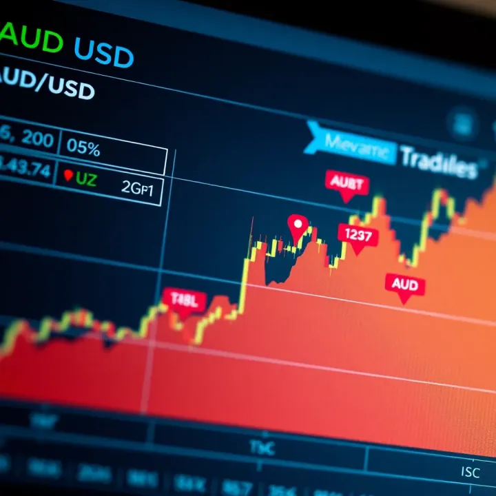 Economic Indicators and Geopolitical Impact on AUD/USD Graph illustrating key economic indicators impacting the Australian and US dollars with geopolitical event markers