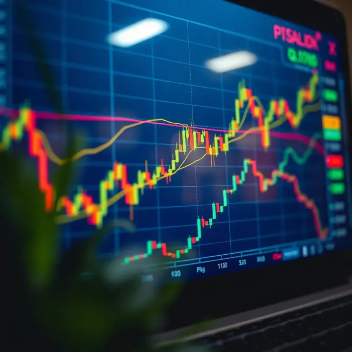 Graph displaying upward trending lines and trading indicators on a digital screen
