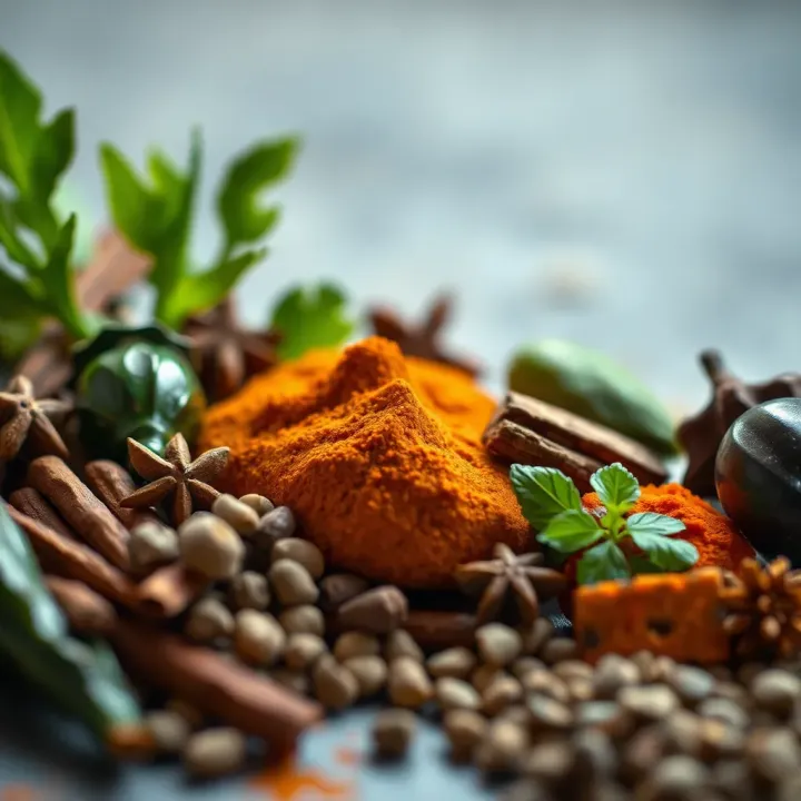 Close-up of aromatic spices and fresh ingredients commonly used in Kashmiri recipes