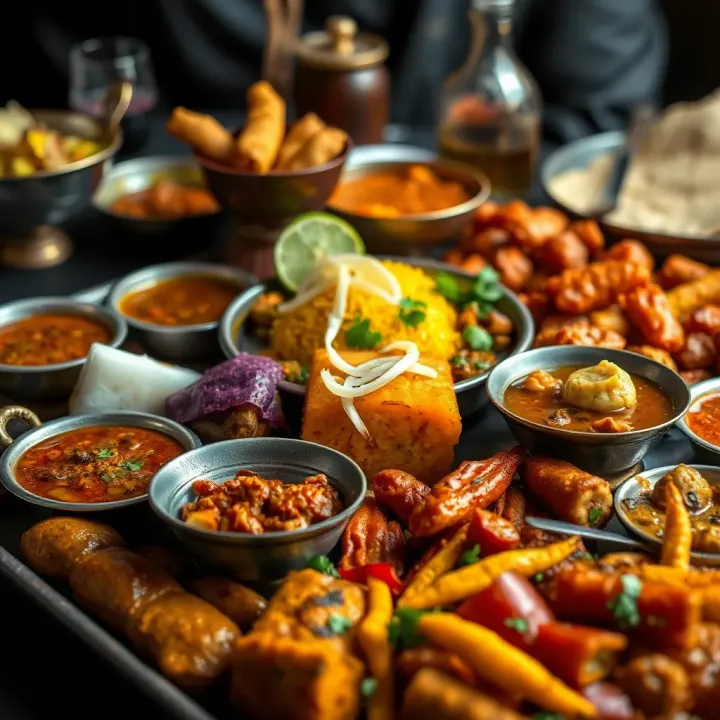 Traditional Kashmiri meal showcasing a variety of vibrant dishes arranged on a large platter