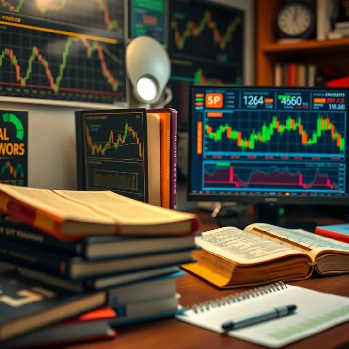 A collection of trading books and financial charts displayed on a desk