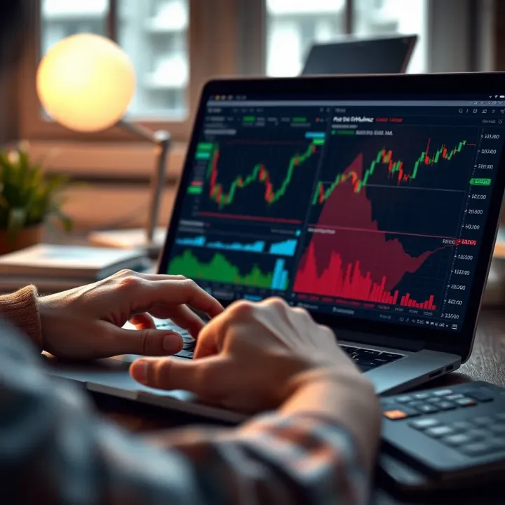 Person using a laptop with digital trading graphs and PDF documents on screen