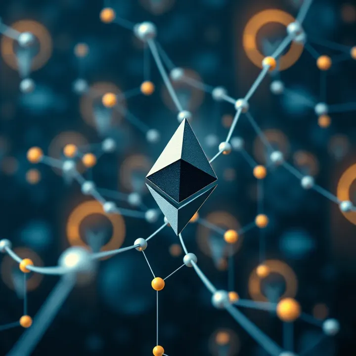 Conceptual illustration showing Ethereum blockchain technology with digital nodes and network connections