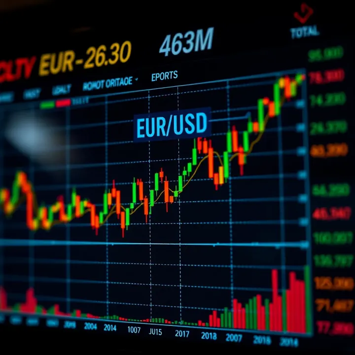 Graph displaying EUR/USD exchange rate fluctuations with economic indicators in the background