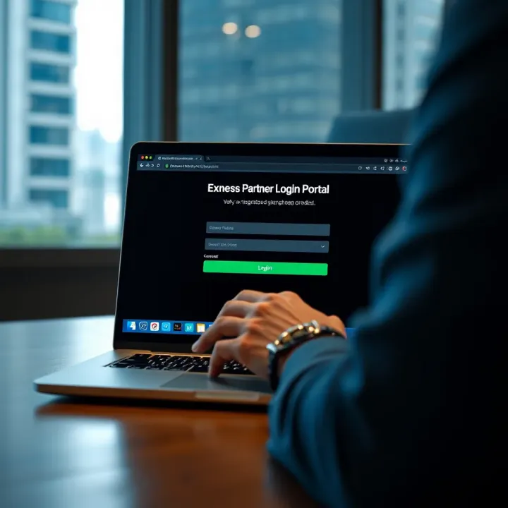 User entering credentials on Exness Partner login portal on a laptop screen