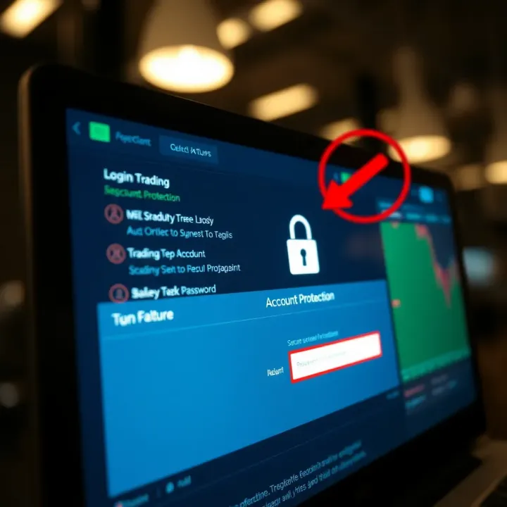 Secure Login Interface Highlighting Account Protection Features Secure login interface of an online trading platform with highlighted security features and password input field