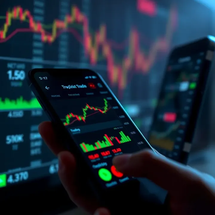 Smartphone displaying a trading app interface with charts and financial data