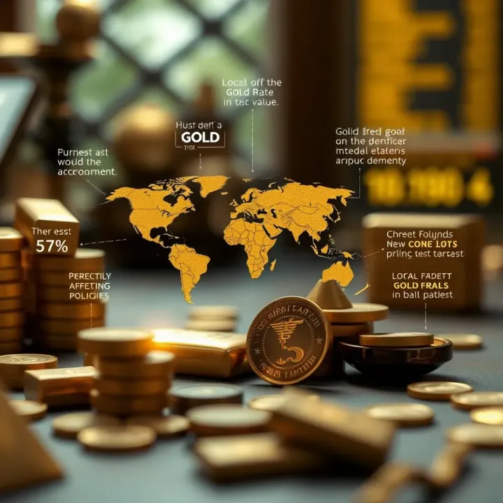 Illustration of global and local factors affecting gold value including currency, policies, and international demand