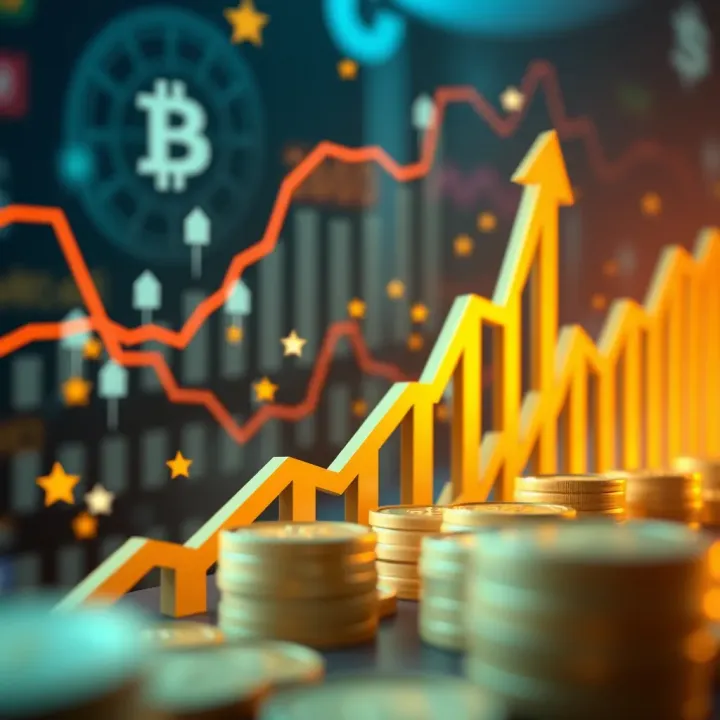 Conceptual illustration of financial growth with upward trending arrows and digital currency symbols