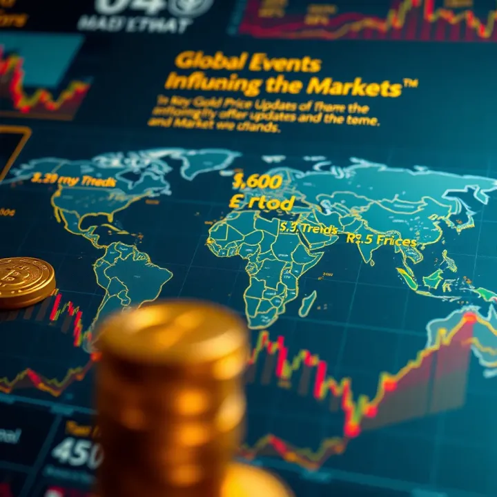 Global Events Influencing Gold Market Dynamics World map highlighting key global economic events impacting gold prices with currency symbols