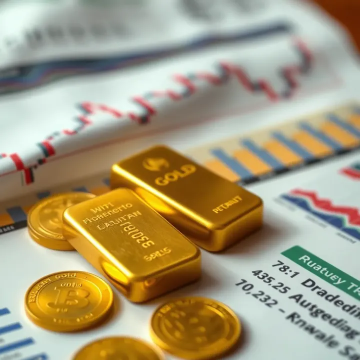 Economic Factors and Investment Strategies for Gold in Pakistan Close-up of gold coins and bars placed beside economic reports and financial graphs