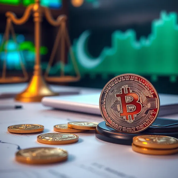 Conceptual representation of legal documents and digital coins illustrating cryptocurrency regulations in Pakistan