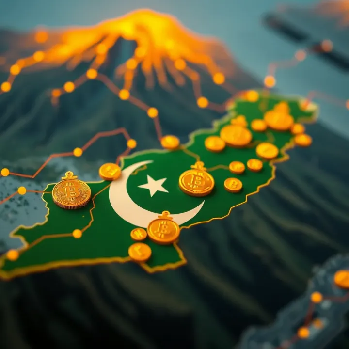 Digital currency symbols overlaying a map of Pakistan highlighting cryptocurrency adoption