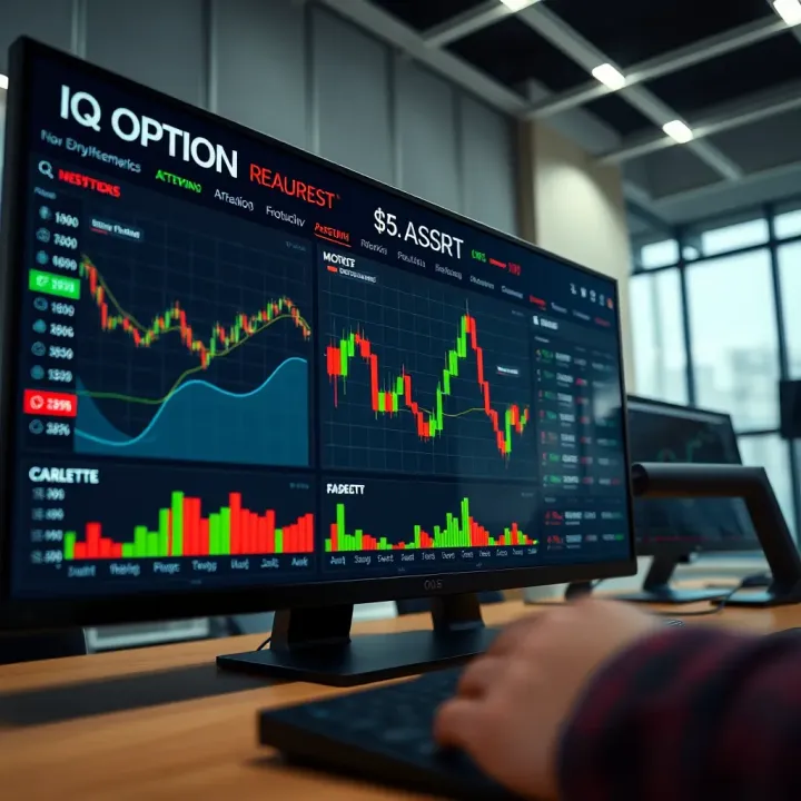 User interface of IQ Option trading platform displaying various financial charts and asset categories