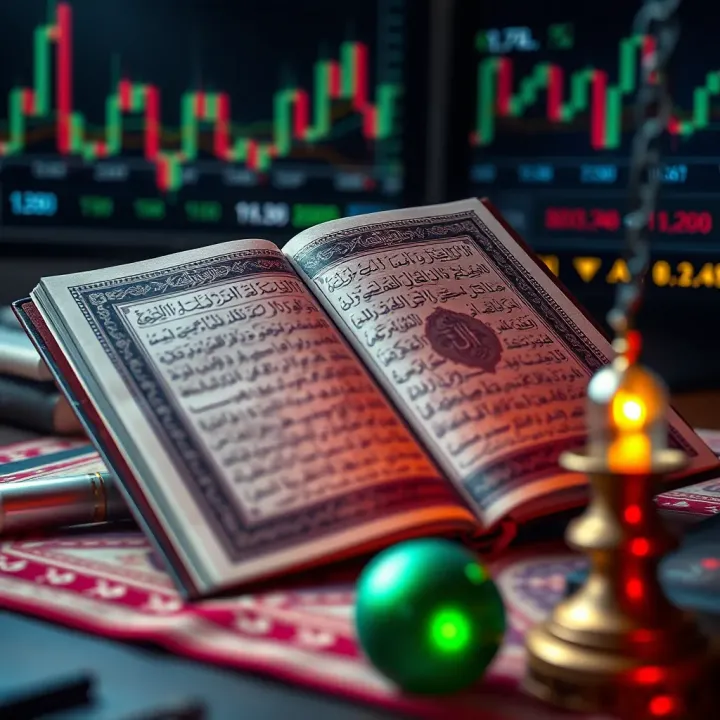 Conceptual illustration of Islamic finance principles with a Quran and financial charts