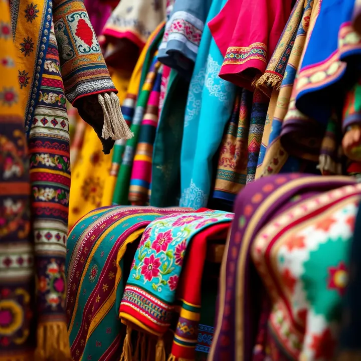 Colorful array of handcrafted garments showcasing diverse textiles and intricate embroidery