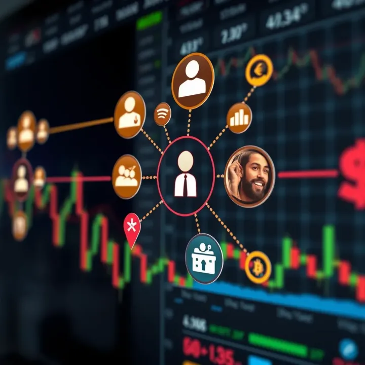 Graphic depicting interconnected digital icons representing copy trading and affiliate marketing opportunities in online trading