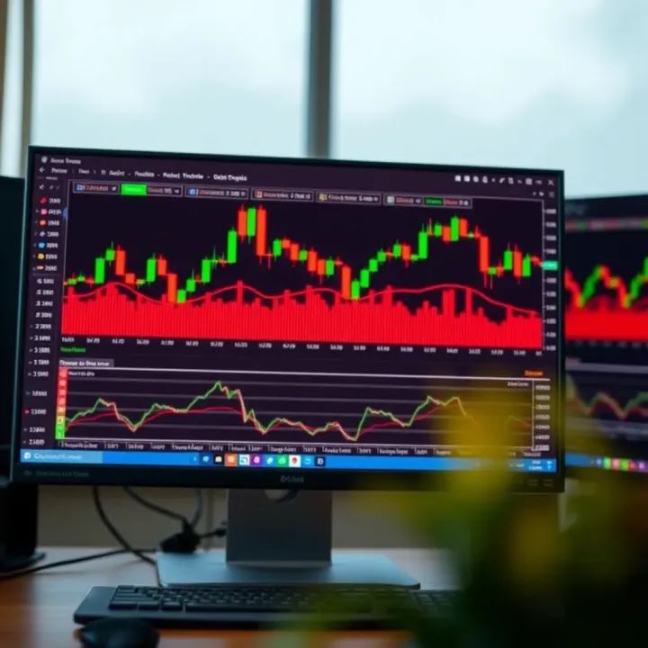 Illustration showing a computer screen with a trading platform displaying charts and no money exchange symbols
