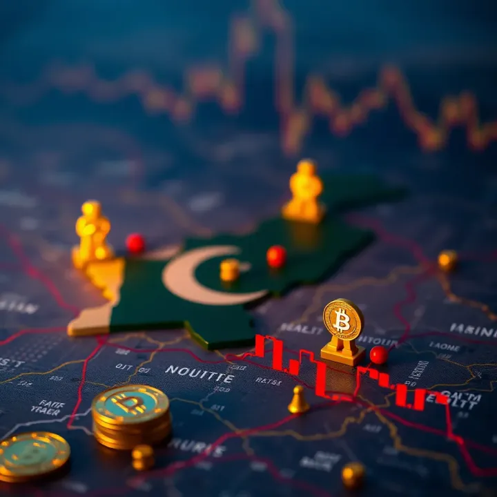 Map highlighting Pakistan with crypto market icons representing investment strategies and risks