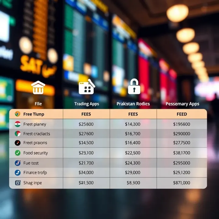 Comparison of popular trading apps available in Pakistan with icons, fee details, and security indicators