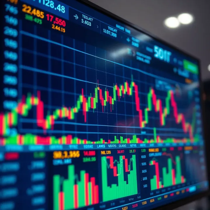 Digital screen displaying fluctuating stock market charts and graphs