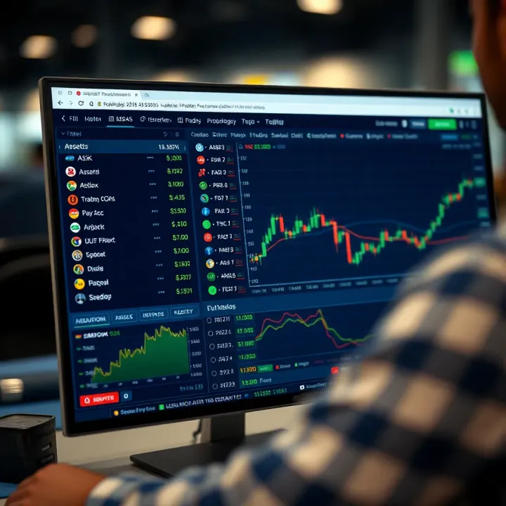 Interface of Quotex trading platform showing various asset options and live trading charts