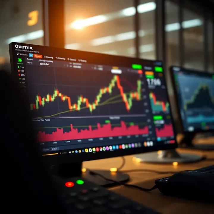 User interface of Quotex trading platform showing various financial charts and market data