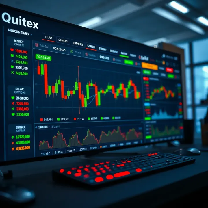 Dashboard showcasing Quotex trading platform with various binary options and financial instruments