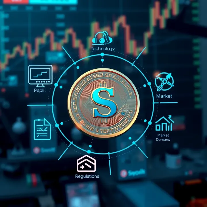 Illustration of key factors influencing cryptocurrency prices with icons for technology, market demand, and regulations
