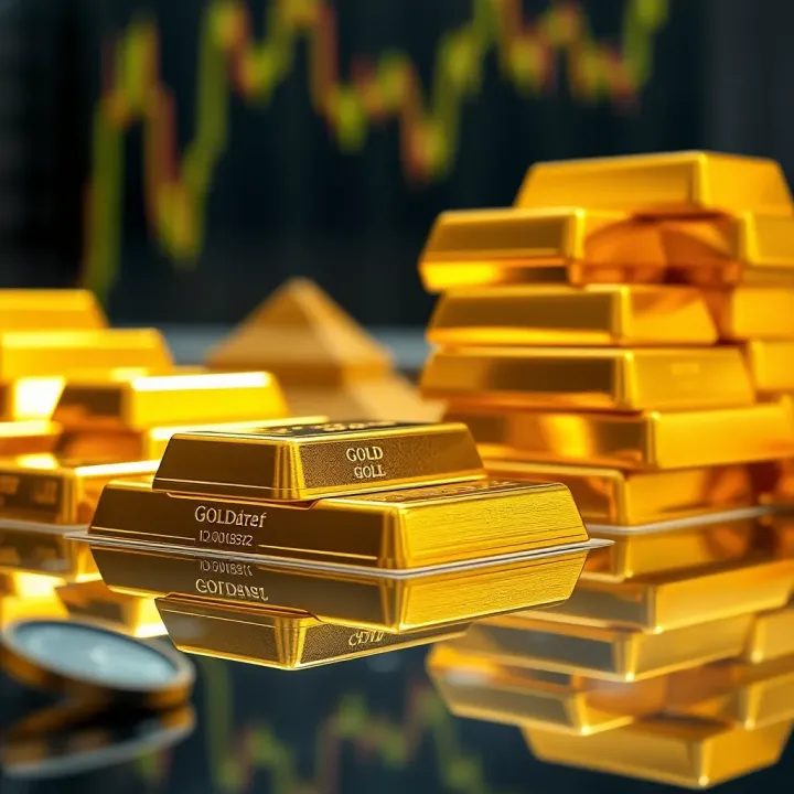 Close-up view of gold bars stacked on a reflective surface symbolizing wealth and investment