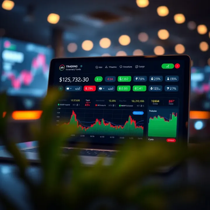 Trading App Dashboard Featuring Market Trends and Investment Tools Dashboard of a mobile trading application showing market trends and investment options