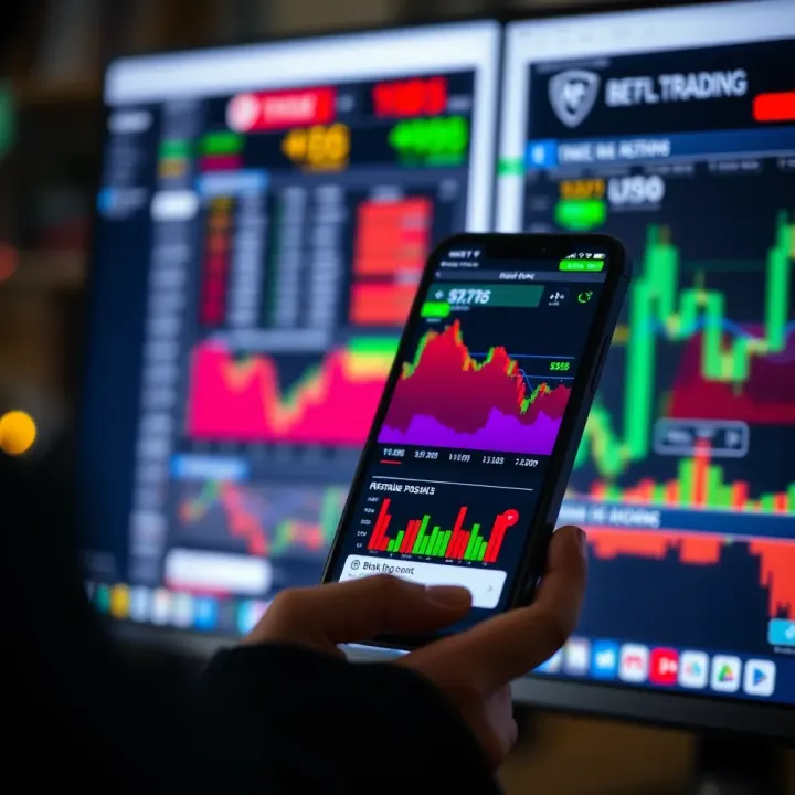 Mobile device displaying trading charts and diverse asset options on screen