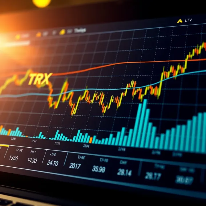 Graph showing TRX coin price fluctuations with trend lines and volume bars