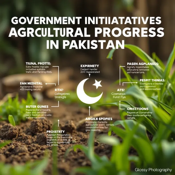 Government Initiatives Driving Agricultural Progress in Pakistan Infographic showing key government initiatives and strategies aimed at improving rural agricultural productivity and farmer welfare