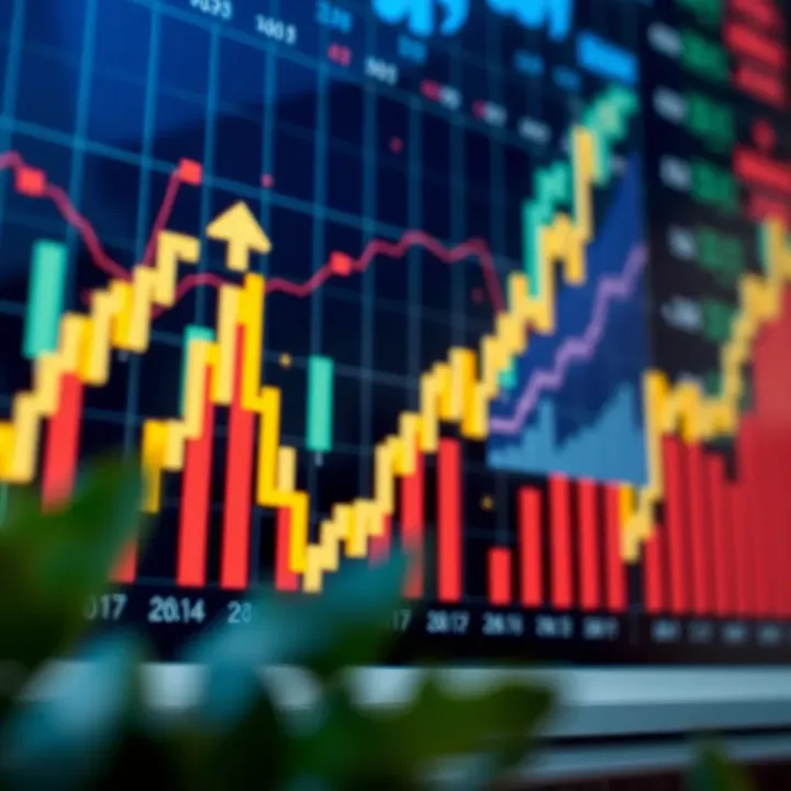 Graph illustrating financial growth with upward trend lines and market indicators
