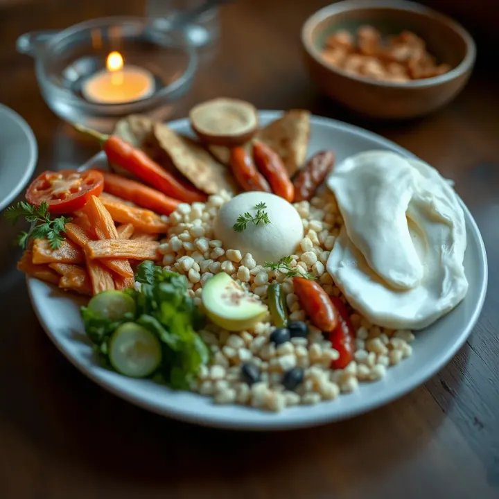 Balanced Meal Incorporating Local Dietary Components Balanced plate illustrating a nutritious meal with grains, legumes, vegetables, and dairy reflecting local dietary habits