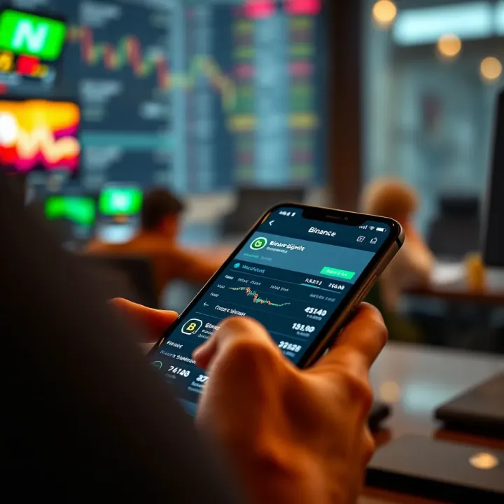 Cryptocurrency trader checking Binance signals on a smartphone with WhatsApp app open