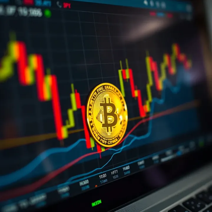 Graph showing fluctuating bitcoin price trends on a digital screen